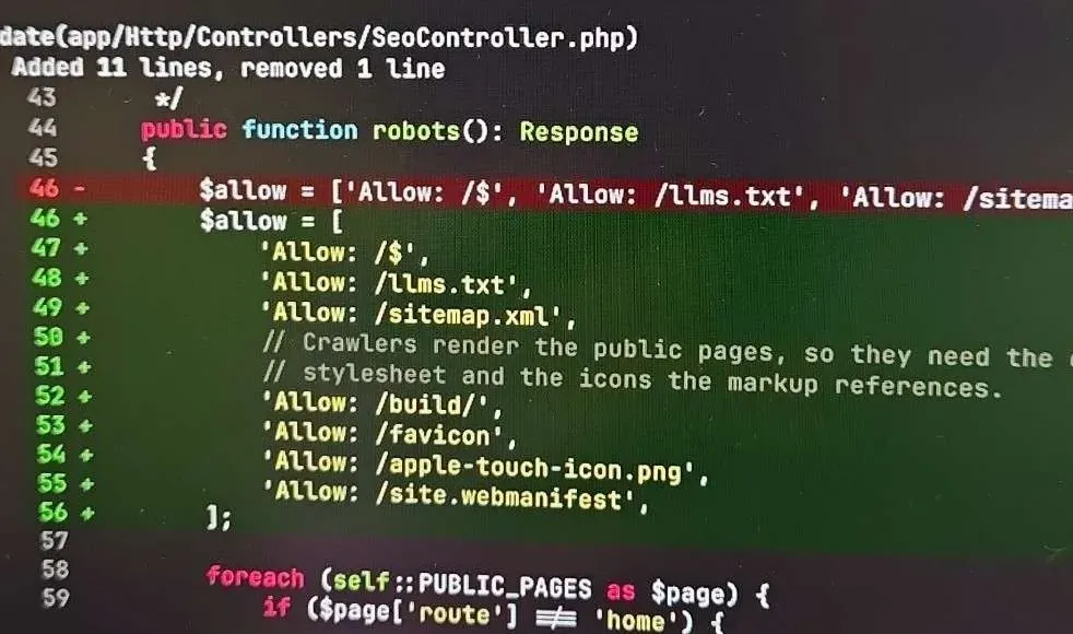 Claude Code returning robots.txt from a Laravel controller route as raw PHP output instead of writing a static file.