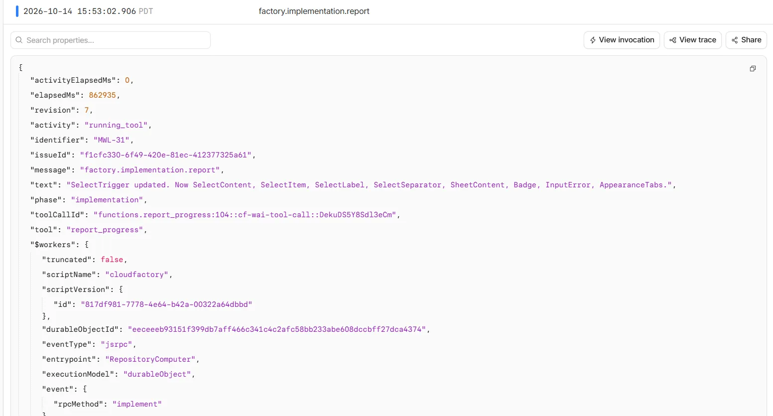 Cloudflare log showing a report_progress update for MWL-31, with the implementation phase, elapsed time, and the UI components being edited.