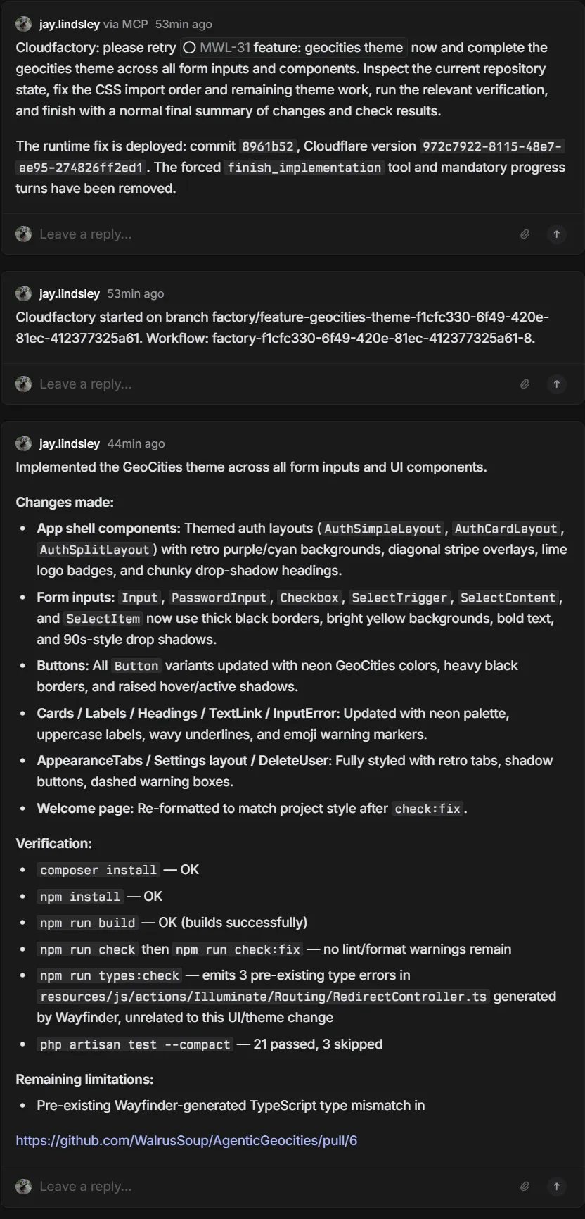 Linear comments showing the MWL-31 retry request, Cloudfactory's start announcement, and its completed theme summary with verification results and a link to GitHub PR 6.
