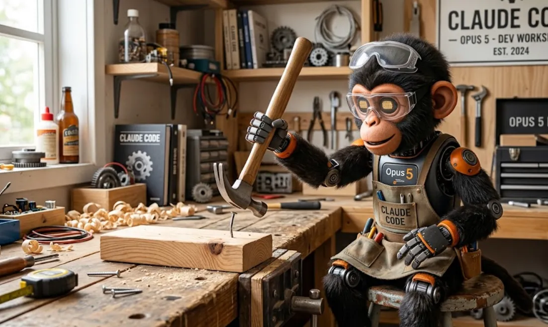 A robot chimpanzee in a "Claude Code" apron and safety goggles swinging a hammer backwards at a nail in a workshop.